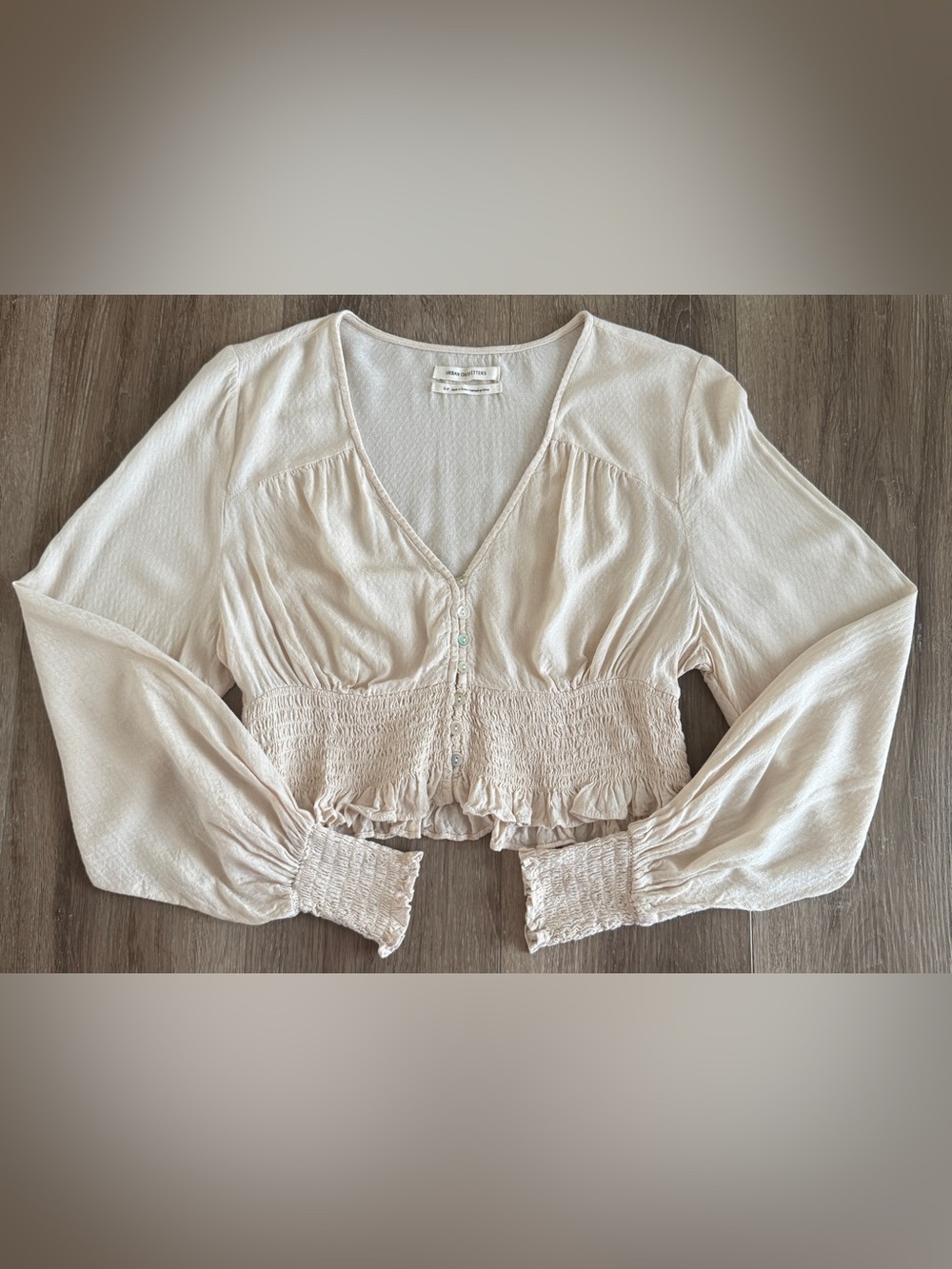 Urban Outfitters Cream Smocked Waist Button Front Crop Top Blouse Size S